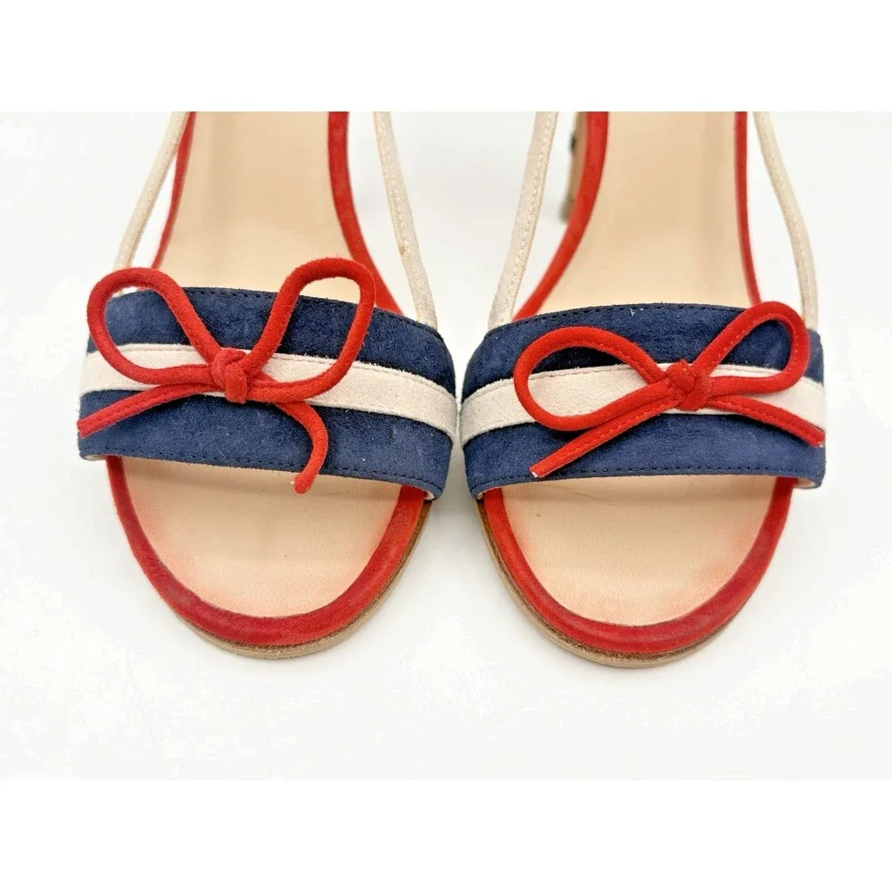 Chanel Navy & Red Suede & Cork Striped Sandals CC Logo Heel Nautical Size EU 36